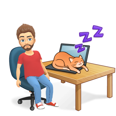 Bitmoji of Quin Carter with a cat next to him on top of his laptop keyboard.